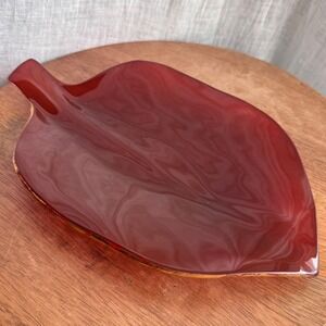 Annieglass Leaf Dish 10 in Gold Rim Red Autumn Fall Handmade Signed Glass
